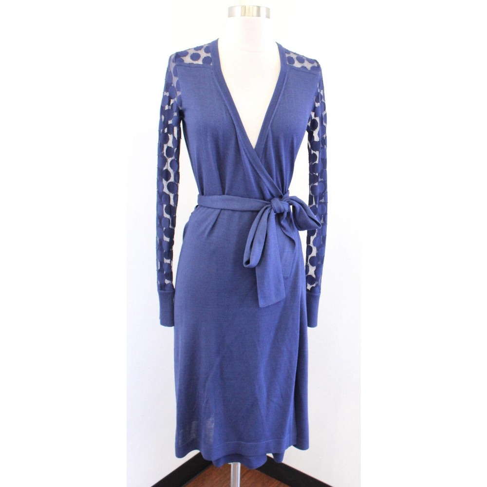 Diane Von Furstenberg Linda Blue Silk Mesh Polka Dot Long Sleeve Wrap Dress Sz S